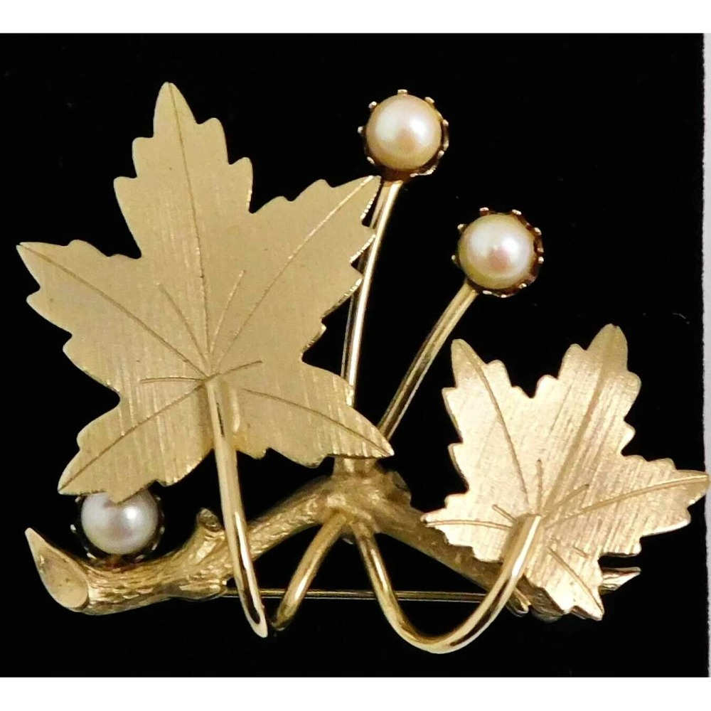 Sarah Cov Gold Tone Branch Leaf Pearl Brooch {in